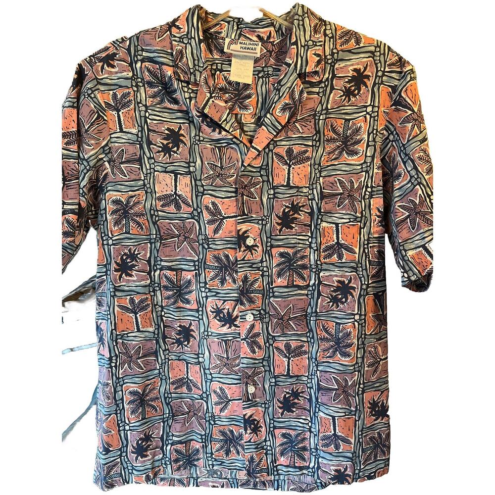 Malihini Men’s L Red Palm Tree Print SS Button Down Cotton Blend Hawaiian Shirt